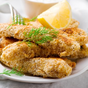 Salmon fillets breaded in breadcrumbs, flour, parmesan, and egg. Served with a side of lemon-mayo dipping sauce. Great for kids!
