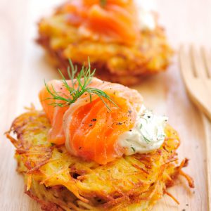 Smoked salmon, potato rosti or hash browns, cream cheese, chives. A delicious and healthy breakfast!