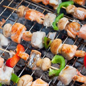 Skewers with shrimp, fish (cod and salmon), bell pepper, and mushrooms