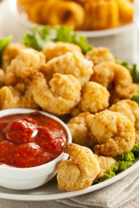 Organic breaded shrimp with cocktail or fry sauce. Great for kids!