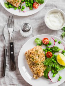 Baked salmon with parmesan and herb crust served with fresh vegetable salad of peas, spinach, radishes and cherry tomatoes. A delicious, healthy dinner that the kids will love!