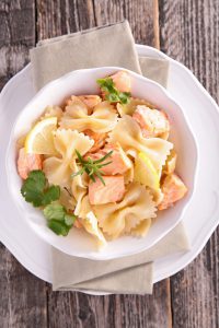 Creamy pasta with shrimp, salmon, lemon, and parsley. Great for kids or as an entree